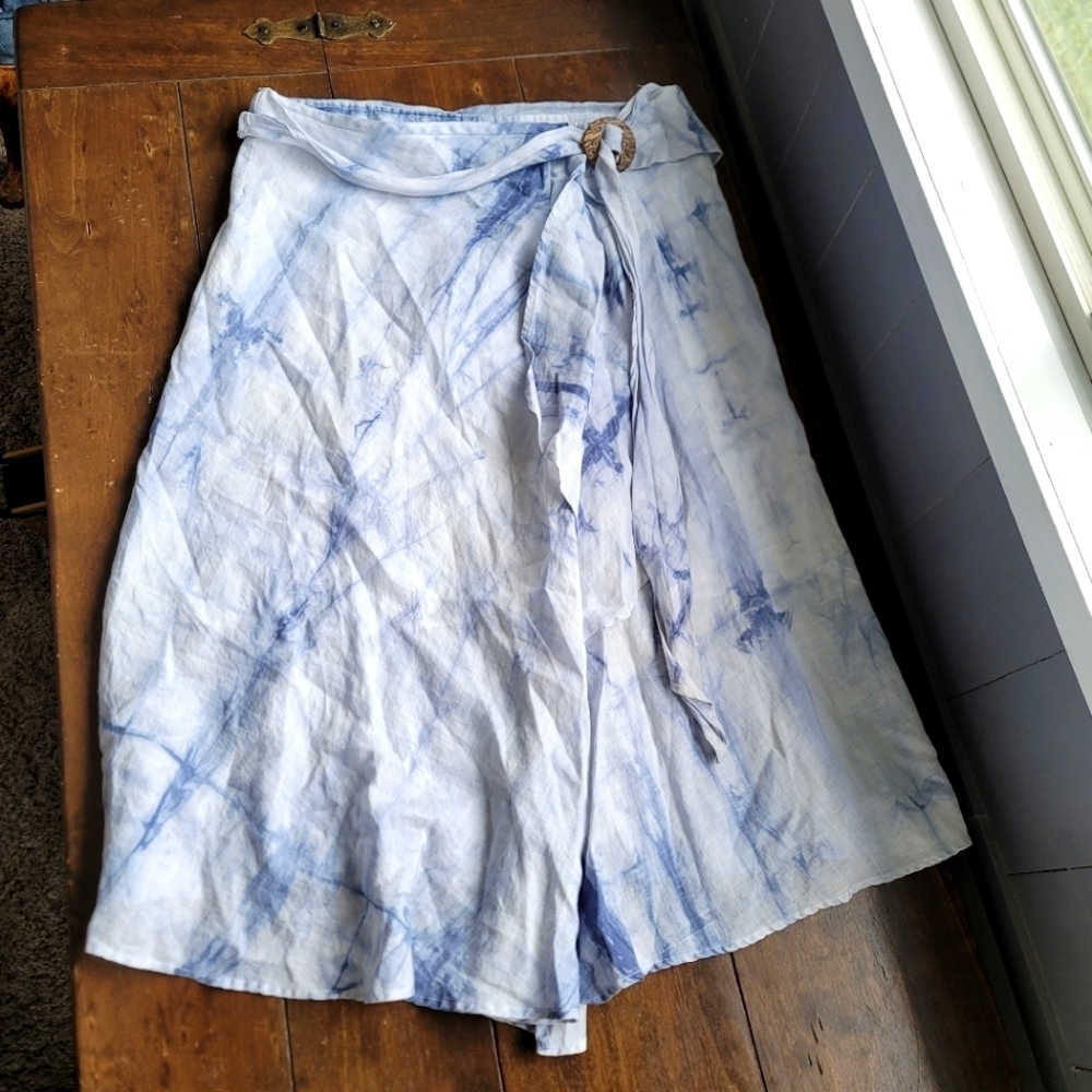Christopher & Banks 100% Linen Midi Asymmetrical Skirt Tie Dye sz 14 Blue